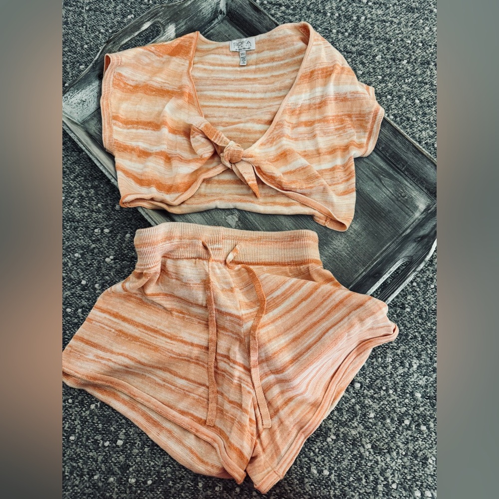 Sofia Jeans tie-front orange and white striped top and matching shorts set